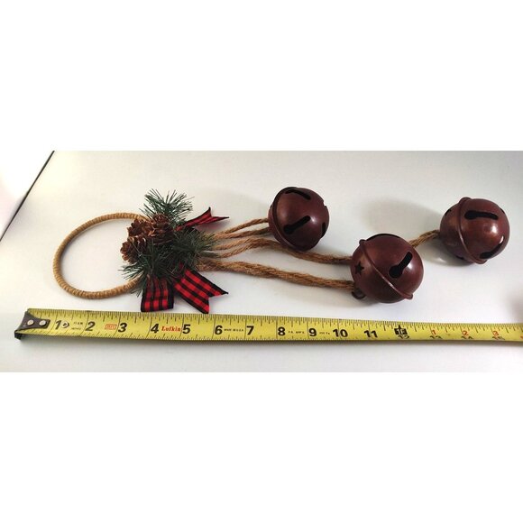 Rustic Jingle Bell Christmas Door Hanger With Pinecones & Plaid Ribbon - Picture 6 of 7